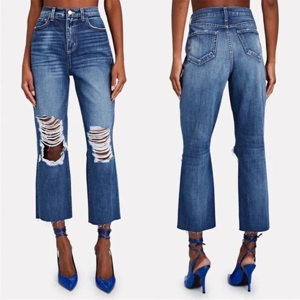 L'agence Adele Denim Jeans High Rise Cropped Straight Distress Cut Out Dark Wash